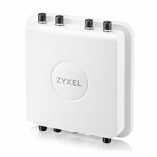 A white rectangular electronic device stands upright, featuring four black antenna connectors on its top edge and four black feet on its bottom, against a white background.