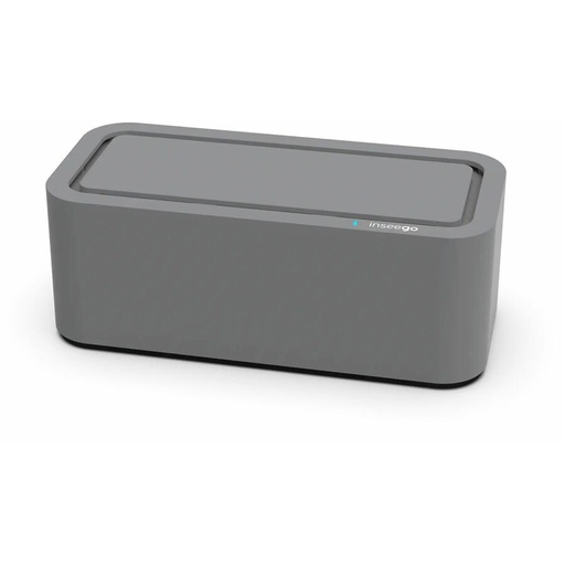 A dark gray, rectangular electronic device with rounded corners features a recessed top panel and a small blue indicator light. It is presented on a clean white background.