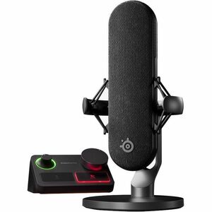 A silver gooseneck microphone stands diagonally with its head pointing upwards, against a plain black background.