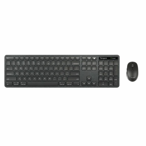 A dark gray full-size keyboard and a matching mouse are arranged side-by-side on a plain white background.