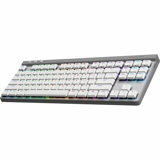 A gray computer keyboard with white keycaps is illuminated by multi-colored backlighting, viewed from an elevated angle against a plain white background.