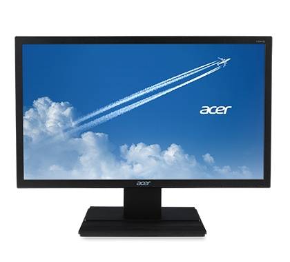 A black computer monitor displays a blue sky with clouds and a plane's contrail, standing on a rectangular base, isolated on a white background.