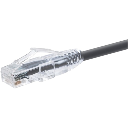 A clear plastic RJ45 Ethernet connector is attached to a dark gray cable, presented against a plain white background.
