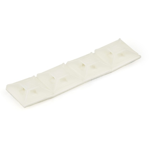 A translucent white strip of five adhesive-backed cable tie mounts, each with a raised square base and a hollow pyramid-like structure, rests angled on a white surface.