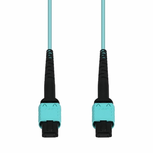Two parallel turquoise fiber optic cables extend vertically, each terminating in a black and turquoise MPO connector, presented against a white background.