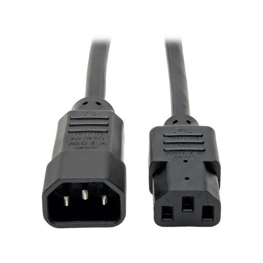 A black power cable features a female C13 connector on the left and a male C14 connector on the right, displayed against a white background.