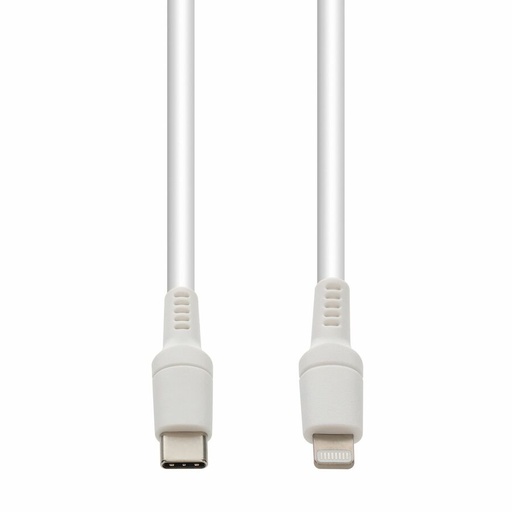 A white charging cable is shown vertically, featuring a USB-C connector on the left and a Lightning connector on the right, against a plain white background.