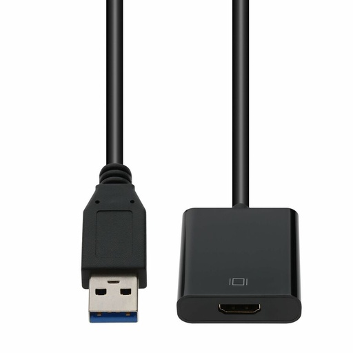 A black USB-A to HDMI adapter cable is displayed vertically, showing its blue-tipped USB connector and HDMI port, against a white background.