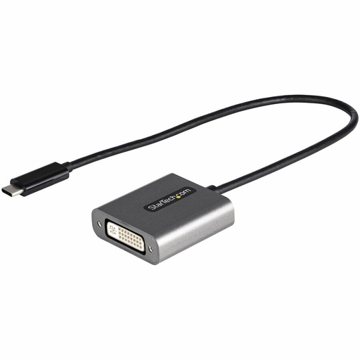 A gray rectangular adapter with a DVI-I female port connects a black cable ending in a USB-C male connector, displayed against a white background.