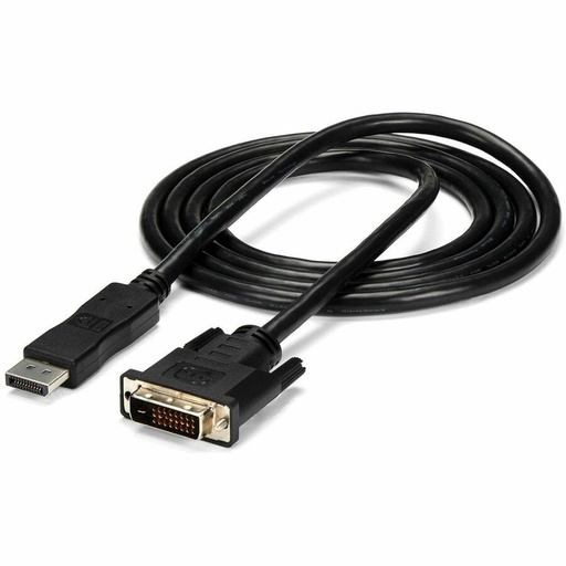 A black DisplayPort to DVI-D adapter cable is coiled, displaying both connectors on a white background.