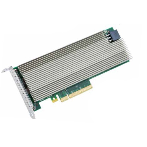 A green computer expansion card with a large, silver, ribbed heatsink covering its top surface, angled against a white background. It features a gold-fingered connector and a metal mounting bracket.