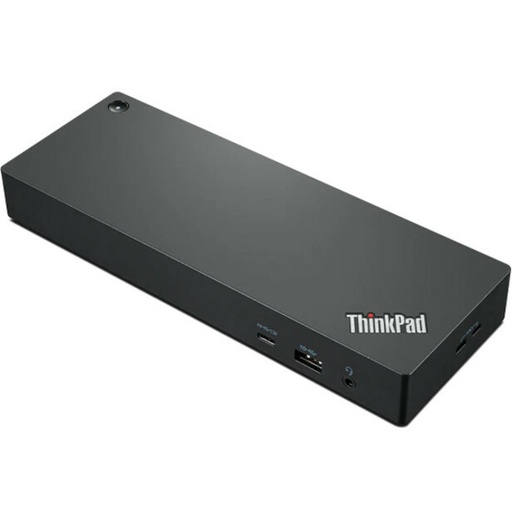 A black rectangular docking station is angled, revealing its top and front surfaces with various ports, set against a plain white background.