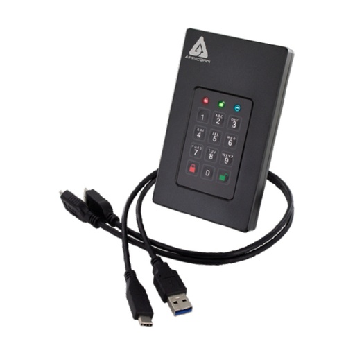 A black rectangular external hard drive with an integrated numeric keypad and indicator lights is connected to a black cable with multiple USB connectors, all against a white background.