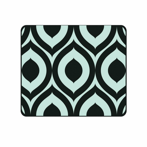 A rectangular surface with rounded corners displays a repeating geometric pattern of alternating black and light blue teardrop shapes arranged in a grid.