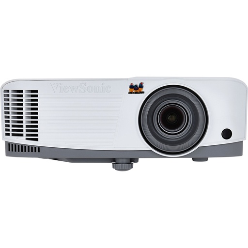 A white and gray projector stands frontally, displaying its large central lens, ventilation grilles on the left, and a small button on the right, against a white background.