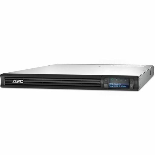 A black rack-mountable UPS unit, angled on a white background, displays information on its front panel screen.