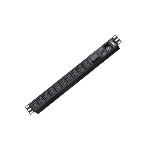 A long, black rack-mountable power strip displays ten standard power outlets, a power switch, and other controls. It is positioned diagonally on a plain white background.