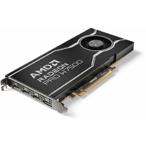A black graphics card, featuring a cooling fan and multiple display ports, is angled on a plain white background.