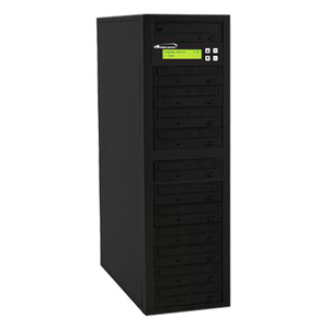 A tall, black electronic tower stands upright, featuring numerous optical disc drive bays and a small green-lit display screen with control buttons, isolated on a white background.