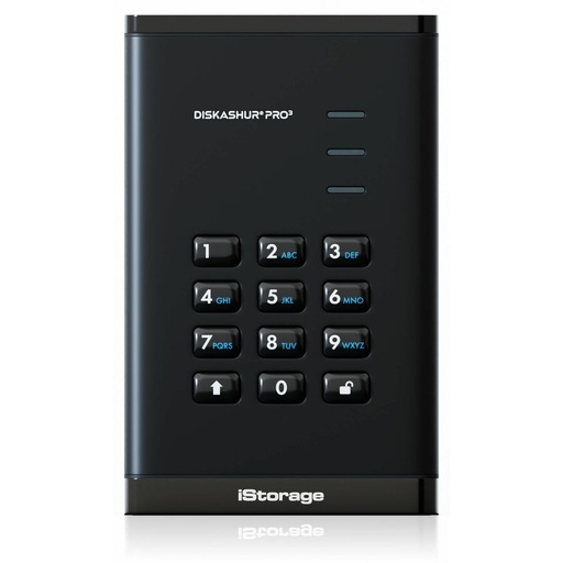 A black rectangular external hard drive stands upright, featuring a numeric keypad on its front panel for secure access, on a reflective white surface.