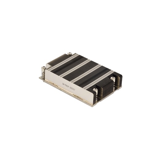 A rectangular metallic heatsink with numerous cooling fins and four visible screws is presented at an angle on a white background.