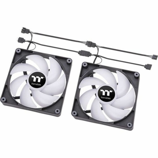 Two square computer cooling fans with white blades and dark gray frames are shown with their connecting cables, arranged on a white background.