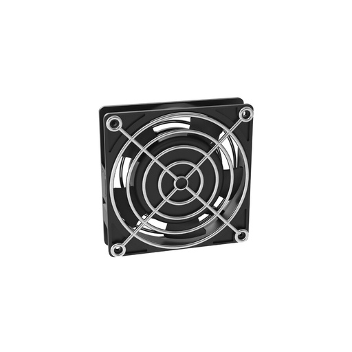 A black square cooling fan with a silver wire grill covers its blades, angled on a white background.