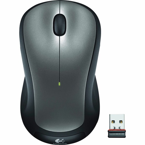 A dark gray and black wireless computer mouse with a glowing green indicator light is displayed next to its small USB receiver on a white background.
