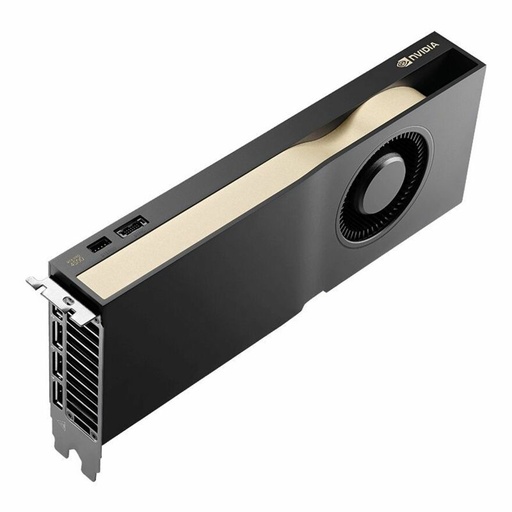 A black graphics card with a beige accent strip and a circular fan is angled on a white background, showing its port bracket and connectors.