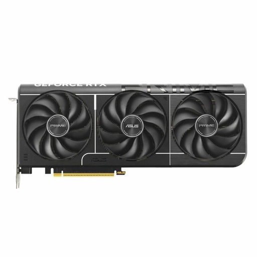 A black graphics card with three large cooling fans is shown, featuring a gold-colored connector along its bottom edge, presented against a plain white background.