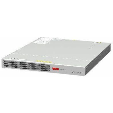 A light gray, rectangular network device is angled, displaying its perforated front panel and top surface on a plain white background.