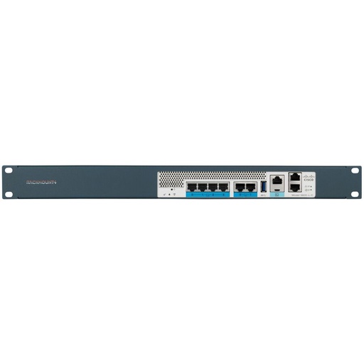 A dark blue rackmount network device features multiple Ethernet and USB ports, along with a ventilation grille, presented against a plain white background.