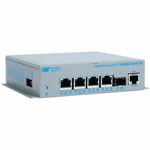 Omnitron Systems OmniConverter 10GMGPoEBT/Sx, 1x SFP/SFP+, 4x RJ-45 PoE/PSE, 5 Year Warranty - 4 Ports - Manageable - 10 Gigabit Ethernet - 10GBase-X, 10GBase-T, 10/100/1000Base-T - 2 Layer Supported - Twisted Pair, Optical Fiber - PoE Ports - Wall Mountable, DIN Rail Mountable, Rack-mountable - 5 Year Limited Warranty