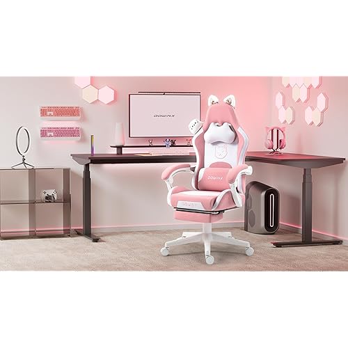 [37LS-6655-Pink] Dowinx Gaming Chair Cute with Cat Ears and Massage Lumbar Support, Footrest and Headrest, for 290lbs, Pink