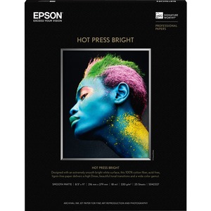 Epson Hot Press Bright Fine Art Paper - 96 Brightness - 98% Opacity - Letter - 8 1/2" x 11" - 330 g/m&#178; Grammage - Matte, Smooth - Acid-free, Lignin-free, Chlorine-free - 25 / Pack
