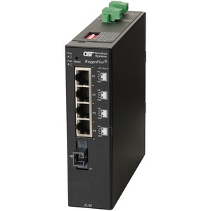Omnitron Systems RuggedNet Unmanaged Ruggedized Industrial Gigabit, SM SC SF, RJ-45, Ethernet Fiber Switch - 4 x 10/100/1000BASE-T, 1 x 1000BASE-X, 2xDC Power, 5 Year Warranty