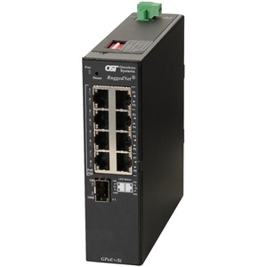 Omnitron Systems RuggedNet Unmanaged Industrial Gigabit PoE+, SFP, RJ-45, Ethernet Fiber Switch - 8 x 10/100/1000BASE-T, 1 x 1000BASE-X, 1xDC Power, 5 Year Warranty