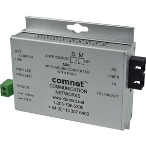 ComNet Industrially Hardened 100Mbps Media Converter with 48V POE, Mini, "B" Unit - Network (RJ-45) - 1x PoE+ (RJ-45) Ports - 1 x ST Ports - Single-mode - Fast Ethernet - 10/100Base-TX, 100Base-FX - Power Supply - Rail-mountable