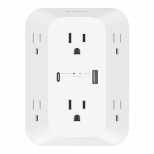 Belkin 6-Outlet Surge Protector Power Strip, Wall-Mountable with 6 AC Outlets, Overvoltage Protection, LED Indicator - USB-C Port & USB-A Port w/USB-C PD Fast Charging - 1680 Joules of Protection