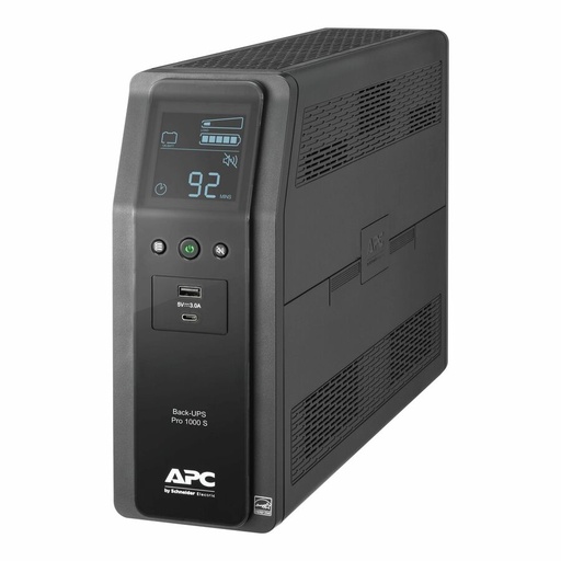 APC Back-UPS Pro, 1000VA/600W, Tower, 120V, 10x NEMA 5-15R outlets, Sine Wave, AVR, USB Type A + C ports, LCD, User Replaceable Battery