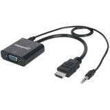 Manhattan HDMI to VGA Converter - 1 x 19-pin HDMI 1.3 Digital Audio/Video - Male, 1 x Mini-phone Audio - Male, Micro USB - Female - 1 x 15-pin HD-15 VGA - Female - 1920 x 1080 Supported - Gold, Nickel Contact