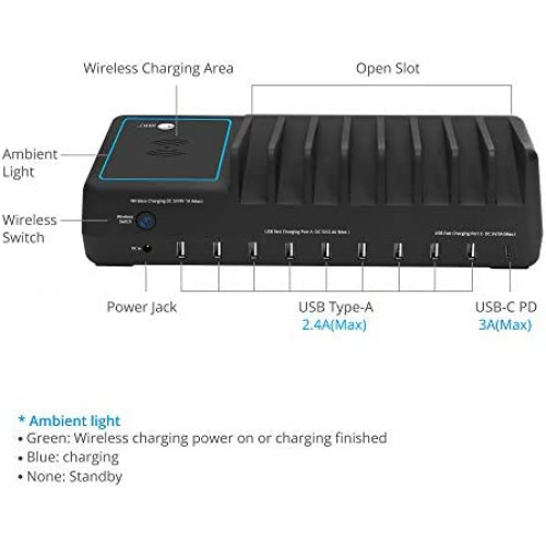 [17ChargingStation] SIIG 10-Port USB-A/C & Wireless Charging Station With Ambient Light Deck