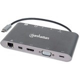 Manhattan USB-C Dock/Hub with Card Reader, Ports (x8): USB-C to HDMI, Audio 3.5mm, Ethernet, Mini DisplayPort, USB-A (x3) and USB-C, With Power Delivery to USB-C Port (60W), Cable 20cm, Aluminium, Grey, Three Year Warranty, Retail Box
