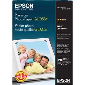 Epson Premium Glossy Photo Paper - 92 Brightness - 97% Opacity - Ledger/Tabloid - 11" x 17" - 68 lb Basis Weight - High Gloss - White, Blue - 1 Each