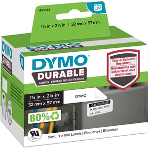 Dymo LW Durable Labels - 2 1/4" Width x 1 17/64" Length - Rectangle - White - Plastic - Water Resistant - 1 Each