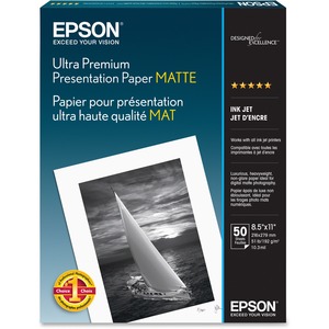 Epson Ultra Premium Matte Presentation Paper - 104 Brightness - 94% Opacity - Letter - 8 1/2" x 11" - 49 lb Basis Weight - Matte - White - 50 / Pack