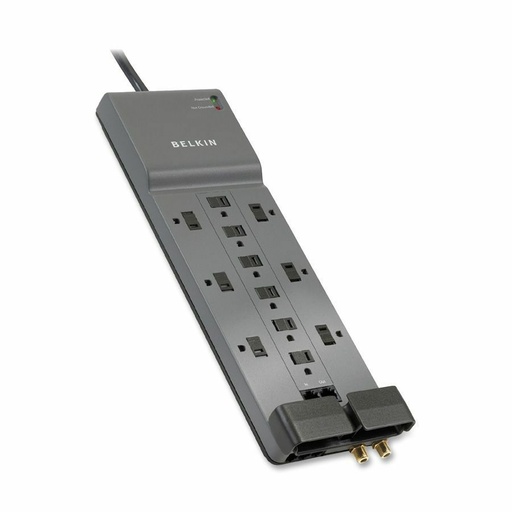Belkin 12-Outlet Surge Protector - 10ft Cord - Right Angle Plug - 4120J - Telephone, Coaxial Protection - Grey