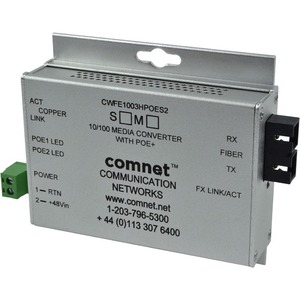 ComNet Commercial Grade 100Mbps Media Converter with 48V POE, Mini, "A" Unit - Network (RJ-45) - 1x PoE+ (RJ-45) Ports - 1 x ST Ports - Multi-mode - Fast Ethernet - 10/100Base-TX, 100Base-FX - AC Adapter - Desktop, Rail-mountable