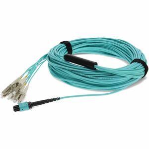 AddOn 40m MPO/UPC to 4xLC/UPC Duplex Aqua OM3 OFNR (Riser-Rated) 8-Strand Fiber Fanout Cable