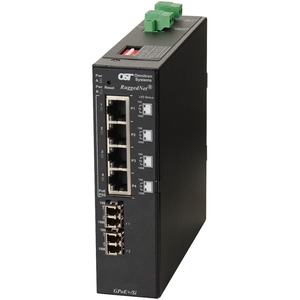 Omnitron Systems RuggedNet Unmanaged Industrial Gigabit PoE+, 2xSM LC, RJ-45, Ethernet Fiber Switch - 4 x 10/100/1000BASE-T, 2 x 1000BASE-X, 2xDC Power, 5 Year Warranty